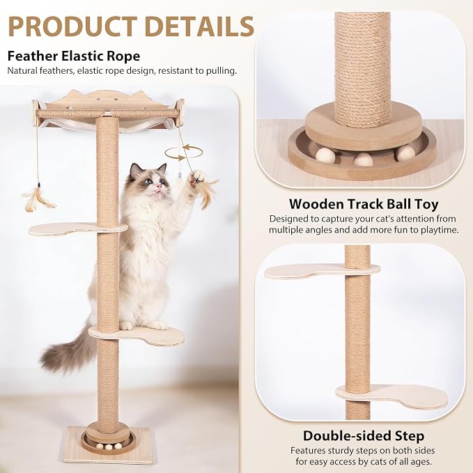 Fantasreen Cat Window Hammock 48" Adjustable Scratching Posts, Multi-Level Window Mounted Cat Tree with Natural Sisal and Track Toys for Large Cats, Climbing, Sunbathing & Bird Watching (Drill-Free)