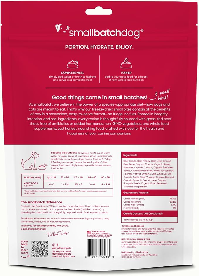 smallbatch Pets Freeze-Dried Raw Dog Food – Beef Recipe – 20oz Small Bites – Grain Free, High Protein, Complete Meal or Topper – Made in USA with Organic Produce & Humanely Raised (20 Oz, Beef)
