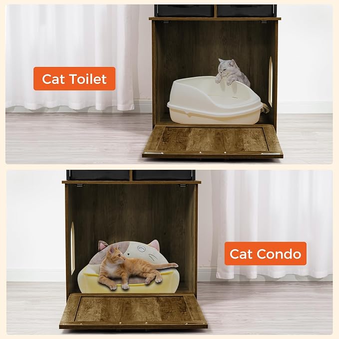 Dwanton Litter Box Enclosure with 2 Storage Shelves and 2 Drawers, 2-in-1 Hidden Cat Litter Box Enclosure Furniture with Shelf, Reversible Entrance, Washable Drawers, 50-Inch, Warm Brown