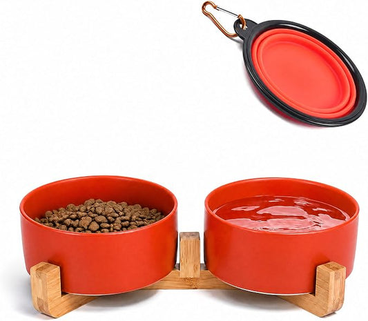 Petygooing Ceramic Cat Dog Bowl Set with Stand,Pet Food and Water Dishes,Medium Dog Bowls Anti -Slip Set of 2 Cat Dish Pet Food Bowls- Small Medium Size Pet (28OZ/6.1 in) Rust Red