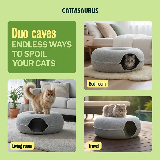 Cattasaurus Peekaboo Cat Cave Duo Jumbo Set, Extra Spacious Cat Donut for Multiple & Large Kitty 15+ lbs, Scratch Detachable Cat Beds for Indoor Cats, Washable Cat Tunnel Bed, Best Kitten Toys