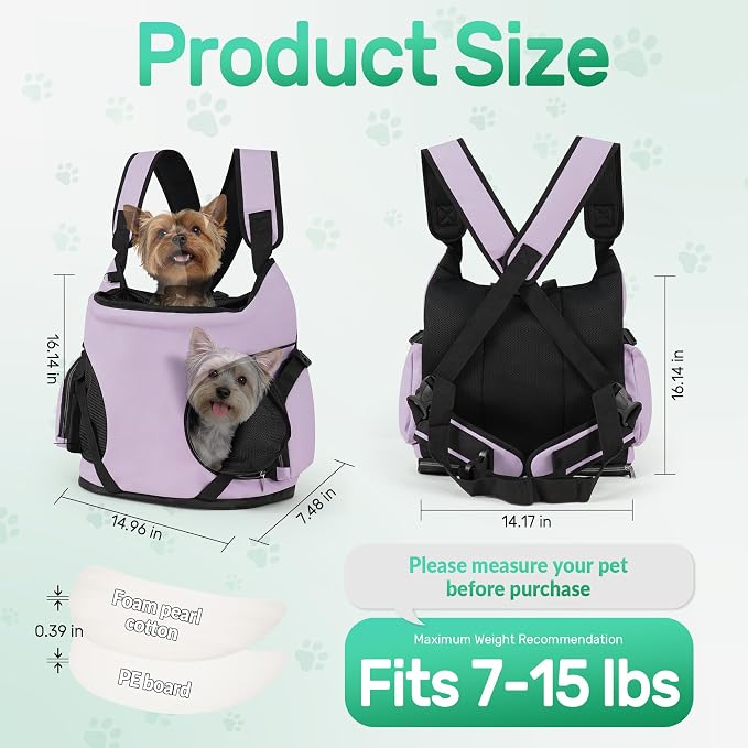 YUDODO Dog Front Backpack Carrier 7-15 lbs, Soft Breathable Pet Front Facing Carrier with Adjustable Straps, Multi-Pocket Design, for Small Dogs & Cats (Purple)