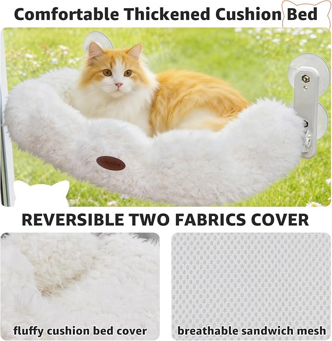 Woochpet Cordless Cat Window Perch, Large Size Hammock with 4 Strong Suction Cups, Cat Hammock for Window with Two Fabrics Cover, Foldable Bed for Cats
