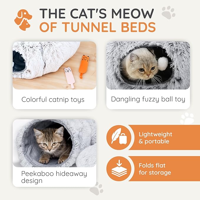 3-in-1 Cat Tunnel Bed – Cat Tunnels & Cat Beds for Indoor Cats with Catnip Toys – Cat Bed Cave & Peekaboo Cat Hideaway – Foldable Interactive Cat, Kitty & Kitten Toys