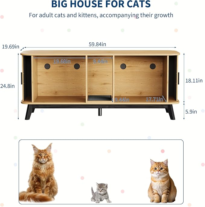 Garvee Cat Litter Box Enclosure for 2 Cats, 59" Hidden Litter Boxes Furniture with Sliding Door and Cat Litter Mat, Large Indoor Pet House, Wooden TV Stand Side Table, Natural Wood Color