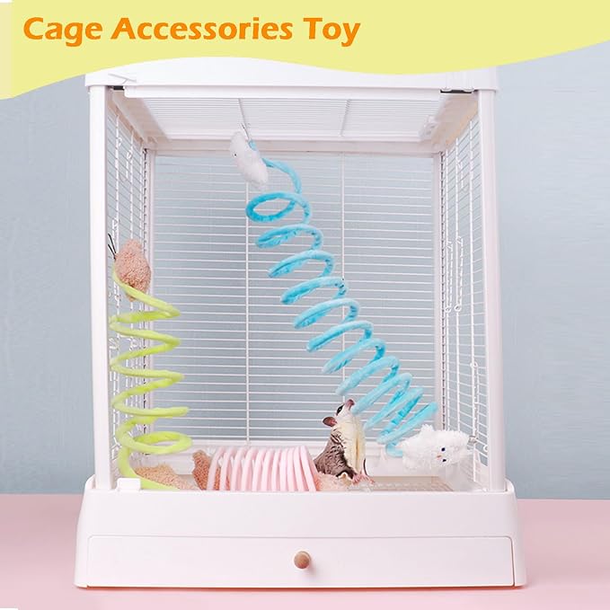 Small Pet Activity Set - 2pc Wooden Bird Foraging Toys and 3pc Sugar Glider Climbing Ropes for Cage Enrichment Green Blue Yellow