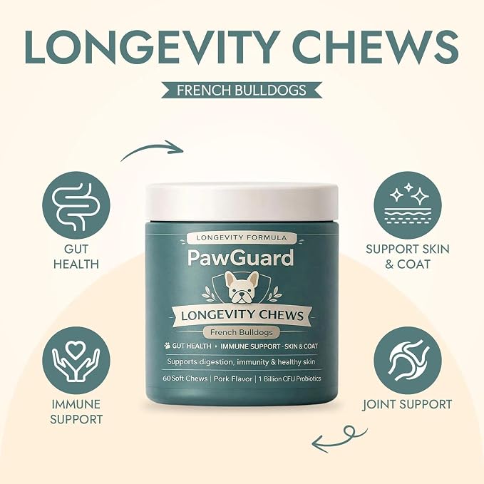 PawGuard French Bulldog Longevity Chews, Breed-Specific Soft Chews with Probiotics, Digestive Enzymes, Glucosamine, Chondroitin, Pork Flavor, Gut Skin Coat Immune Joint Support, 60 Count(1pc)