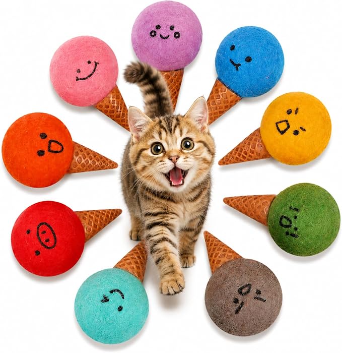 Ice Cream Cone Cat Toys 9PCS Set, Felt Ball Cat Toys with Cute Expressions, Interactive Kitten Toys for Indoor Cats, Soft Bite & Chase Toys with Catnip, 1.4 Inch Balls with Storage Box