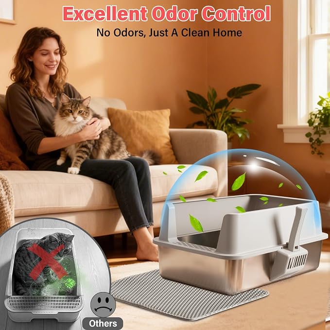 2PACK Stainless Steel Cat Litter Box with High Sides Lid, Extra Large Litter Boxes for Big Cats, XL Metal Kitty Litter Box, Anti-Urine Leakage, Non-Sticky, Easy Cleaning, Include Mat & Scoop