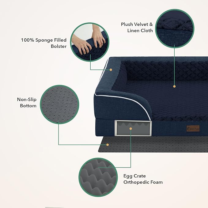 Orthopedic Dog Beds for Medium Sized Dogs 35x22 Inch, Medium Waterproof Memory Foam Dog Sofa Bed with Removable Washable Cover Pet Couch with Bolster, Navy Blue