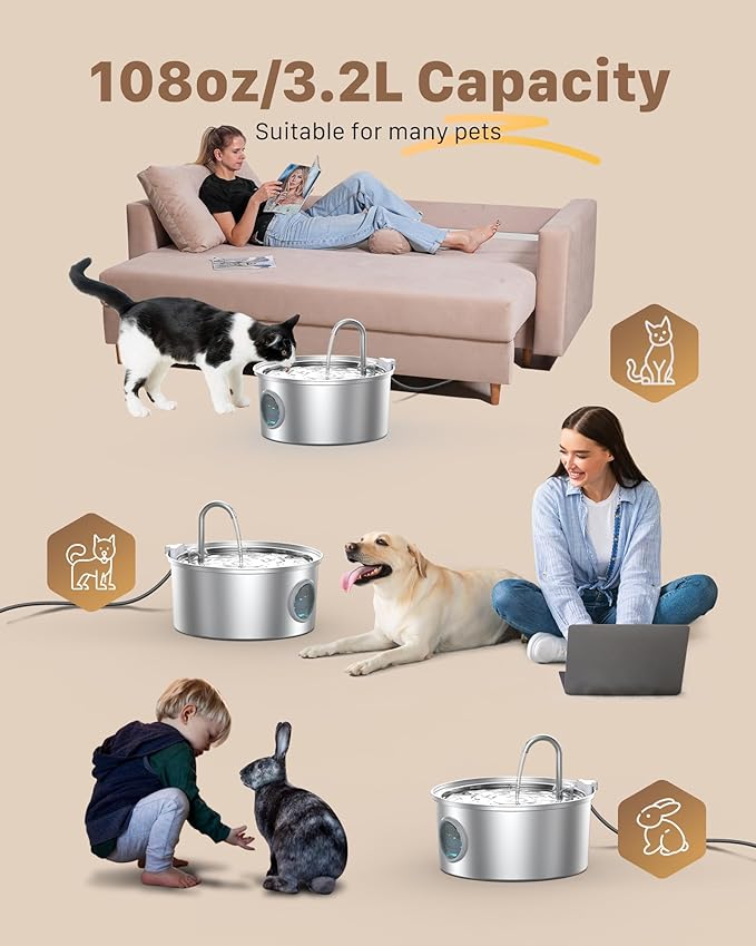 FOFNON Cat Water Fountain with 16 Filters, Including 8 Pieces of Filters + 8 Pieces Sponges