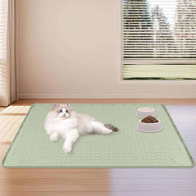 Dog Food Mat, Extra Large 40" x 40" Silicone Pet Feeding Mat with Raised Edge Pet Placemat for Small, Medium, and Large Pets Non-Slip, Easy to Clean (Green)