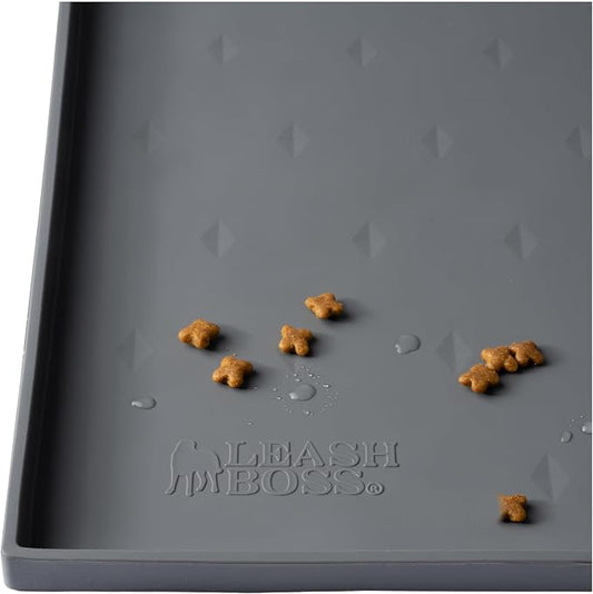Leash Boss Rectangular Silicone Pet Feeding Tray - Raised-Edge Waterproof Dog Bowl Mat - Flexible Silicone Tray - Easy-Clean Cat Food Mat - Small, 18 x 11 in, Gray