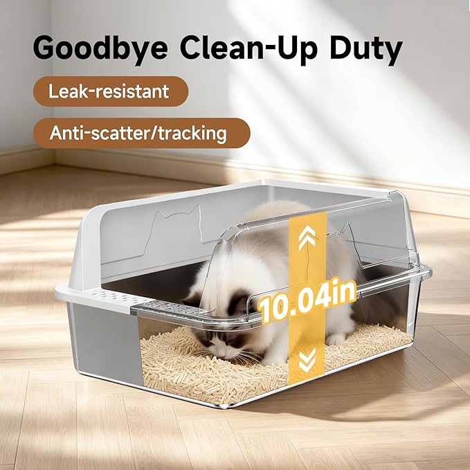 Stainless Steel XL Cat Litter Box for Cats, High-Sided Design Prevents Urine Leakage, Non-Stick, Easy to Clean, Includes Scoop, Gray