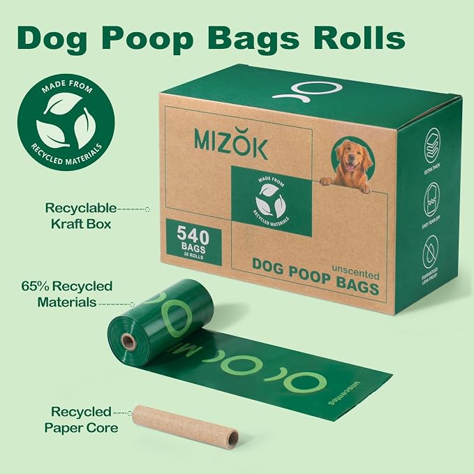 MIZOK Dog Poop Bags Rolls 540 Count & Dog Pee Pads 30x36in Extra Large, 35 Count, 65% Recycled Material Poop Bags for Dogs, Leakproof, Extra Thick Durable, Charcoal Puppy Pads, Super Absorbent