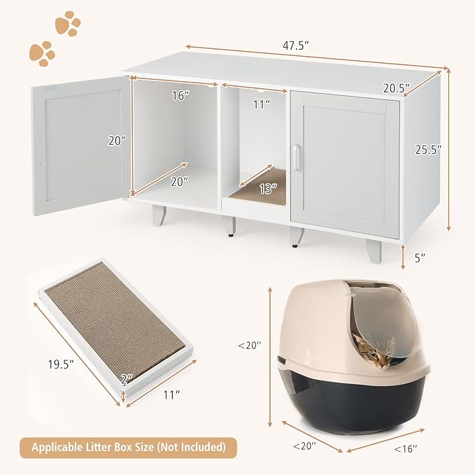 Tangkula Double Cat Litter Box Enclosure for 2 Cats, Large Stackable Hidden Privacy Cat Washroom Cabinet with Scratching Board, Indoor Cat House TV Stand Side Table, Litter Box Furniture (Grey)
