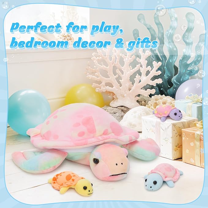 Muiteiur Turtle Stuffed Animals 4 Packs, Sea Turtle Plush Toy Set - Soft Mommy Stuffed Animal Turtle with 3 Babies, Cute Toys for Kids & Toddlers (Pink)