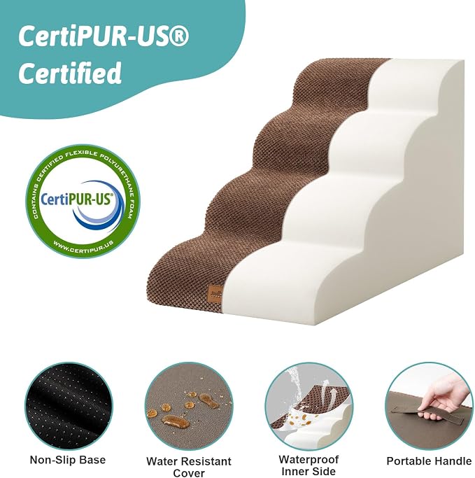 COZY KISS Wide Dog Stairs for Small Dog 19.7" H, Pet Step for Puppy, Older Cat, Curved Ramp for Bed, Durable Anti-Slip Ladder with High Density Foam, 4 Step, 17.7x28x19.7 inch, Brown