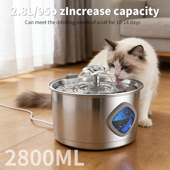 Stainless Steel Cat Water Fountain - Super Quiet Drinking Fountain for Cats 2.8L/95oz,with Flower Kitty Spout and Water Level Window Cat Fountain,Ideal for Multi-pet Homes