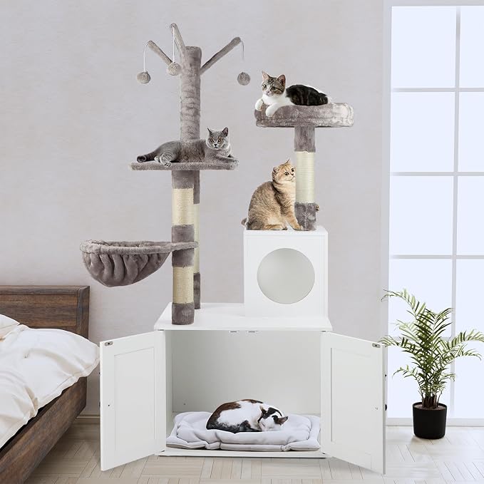 Timberer Litter Box Enclosure with Cat Tree, 2-in-1 Hidden Litter Box Furniture with Scratching Post, Modern Cat Condo, White