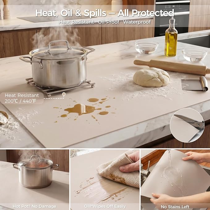 Extra Large Silicone Mat for Countertop & Table with Gift Tube Packaging, Thickened Non-Slip Heat Resistant Table Protector, Cuttable Waterproof Kitchen Prep & Kids Craft Mat