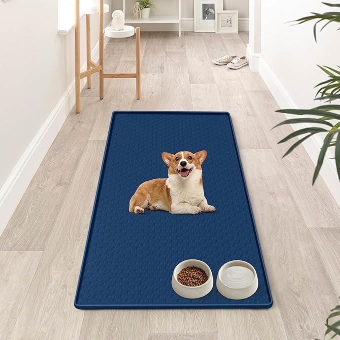 Dog Food Mat, Extra Large 51" x 25.6" Silicone Pet Feeding Mat with Raised Edge Pet Placemat for Small, Medium, and Large Pets Non-Slip, Easy to Clean (Navy Blue)
