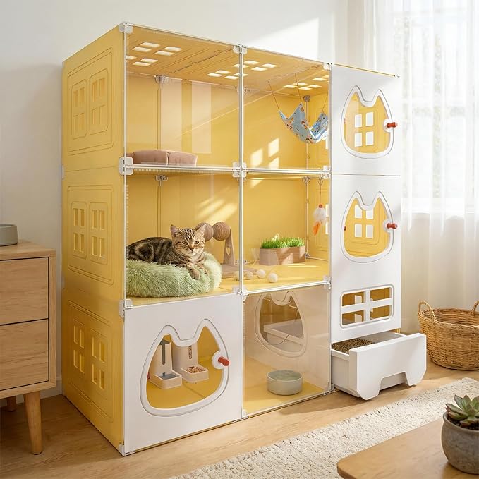 Cat Cage 3-Tier with Built-in Litter Box & Free Scoop Cat Enclosure with Detachable Metal Frame Transparent Window DIY Zones Cats Kennel for 1-3 Cats Indoor Playpen 41" x18" x 41"