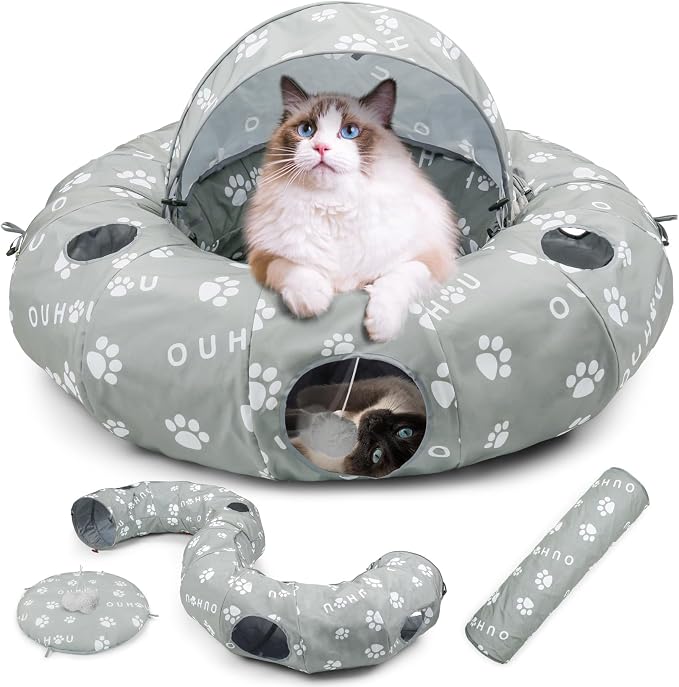 Cat Tunnel Bed for Indoor Cats, Donut Tunnel with Mat, Straight Tunnel, 4 Hanging Balls and Blackout Tent, Collapsible Peekaboo Cat Cave