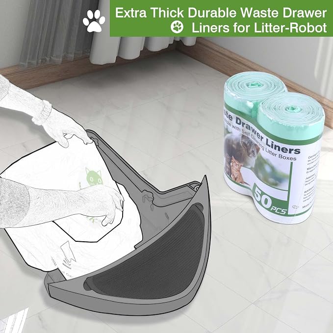 Cat Litter Box Liner Compatible with Litter Box Robot 4 & 3, Waste Bags 50 Pack, Waste Drawer Liners Heavy Duty White