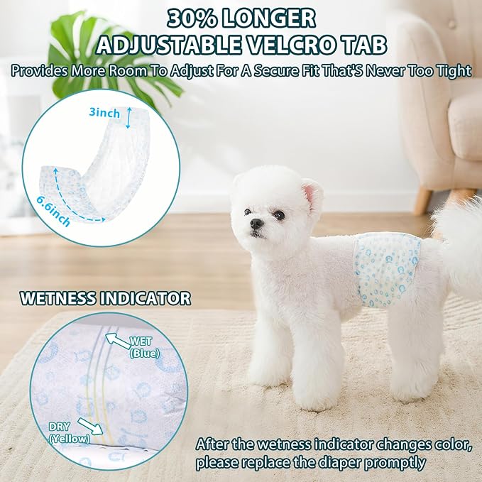 Dog Diapers Male 100Ct, Male Dog Diapers Disposable with Wetness Indicator, Adjustable Puppy Diapers, Super Absorbent & Breathable Male Dog Wraps, 360 ° Leak-Proof for Incontinence & Marking, S