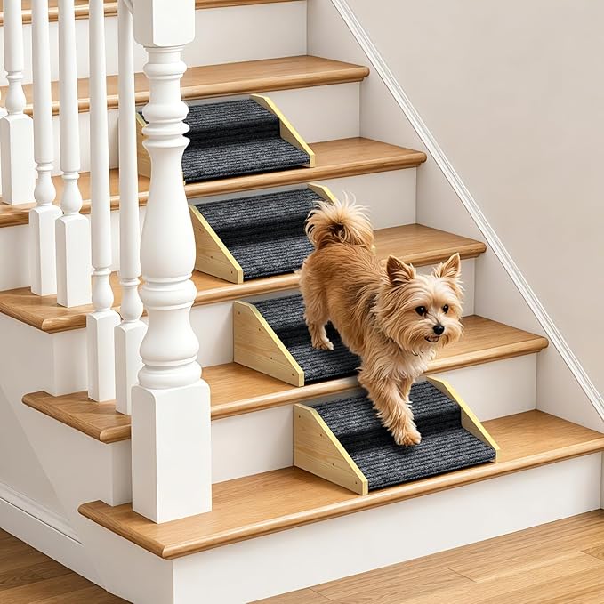 4 Pack Dog Ramp for Stairs-2-Step Wooden Pet Ramp with Non-Slip Carpet for Small Dogs,Gentle Slope Support for Senior Injured Aging Short-Legged Pets,Indoor Use