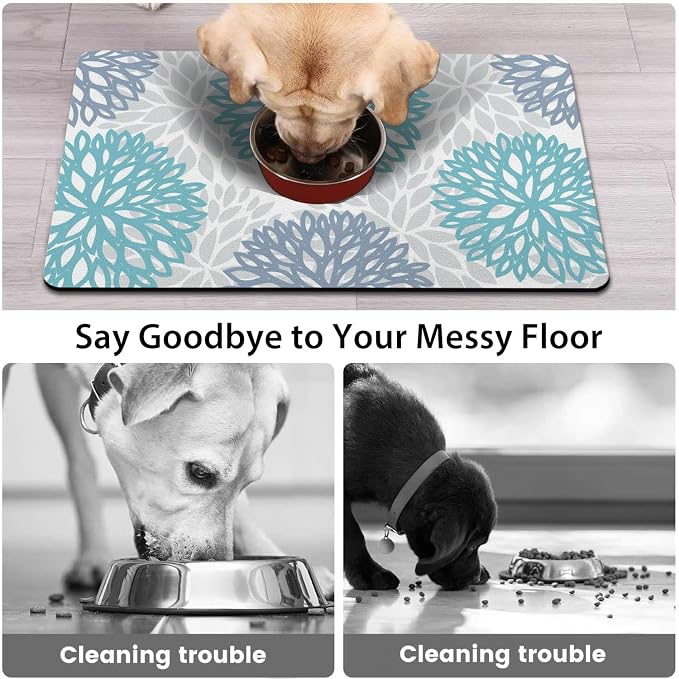 Dog Food Mats for Floors, Absorbent and Quick-Drying Pet Cat Food Mat,Anti-Fouling and Easy-to-Clean Pet Feeding Mat,Dog Bowl Mat for Messy Drinking Water Bowls.12x20, Bohemia Dahlia Floral Style