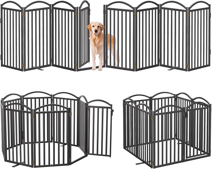 Malier Metal Freestanding Dog Gates with Door, 32'' Height Outdoor Indoor Dog Fences, Extra Wide Foldable Puppy Gate for Stairs (Black, 【8 Panels with Door】 160''W × 32''H)