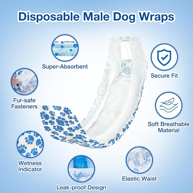 Dono Dog Diapers Male Disposable Male Dog Wraps 60ct Doggie Diapers Wetness Indicator Leak-Proof Dog Belly Wraps, Rapid-Dry Gel Technology Puppy Diapers for Excitable Urination Incontinence, Medium