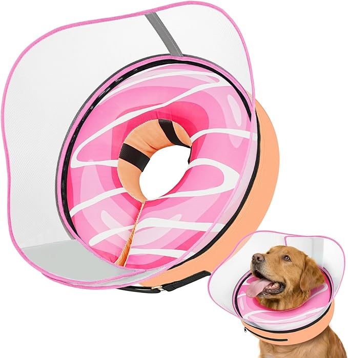 Supet Raised Inflatable Dog Cone After Surgery - Adjustable Recovery Donut Collar with Removable Shield to Stop Licking Wounds & Protect Stitches - Soft Dog Cone Alternative for Large Dogs (Pink,L)