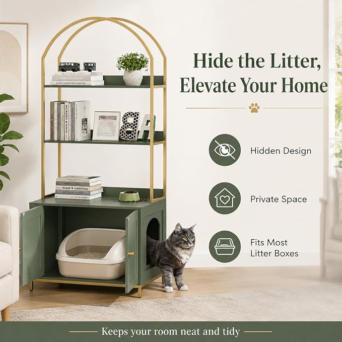 Homhedy Cat Litter Box Enclosure, Litter Box Furniture Hidden with 2-Tier Storage Shelves, Wooden Cat Washroom Furniture with Metal Frame, Modern Style, Green and Gold