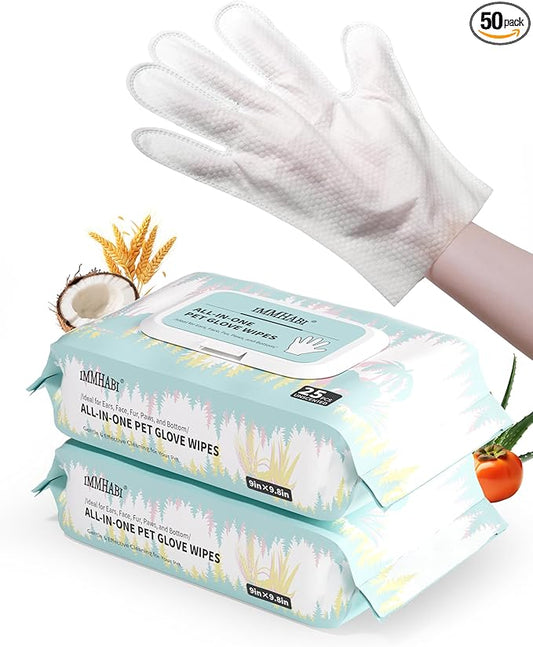 IMMHABI 50 Count Cleaning Deodorizing Pet Glove Wipes for Dogs & Cats, Hypoallergenic Dog Bath Wipes with Natural Deodorizer Persimmon Tannin, Pet Bathing Wipes for Horse Coat Care Unscented