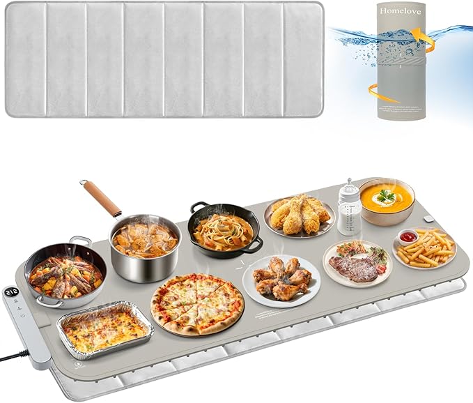 Homelove Warming Mat for Food - Electric Warming Tray with 7-Level Temperature and 6-Level Hours Setting, Full Surface Heating, Waterproof Dishwasher-Friendly Food Warmer for Parties, Kitchen (Khaki)