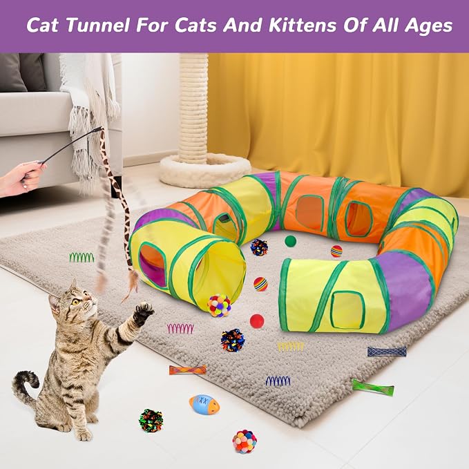 Retro Shaw Cat Toys Pack 25Pcs, Interactive Kitten Toys for Indoor Kittens Cats, Collapsible Kitty Play Tunnel Tent Feather Wand Balls Bell Springs Mouse Kitty Toys for All Breeds (4 Tunnel)