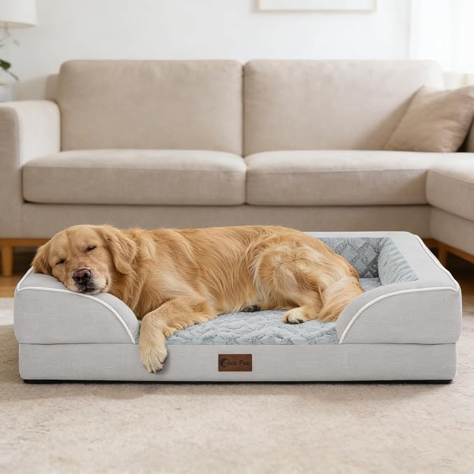 Orthopedic Dog Beds for Extra Large Sized Dogs 53x42 Inch, XXL Waterproof Egg Crate Foam Dog Sofa Bed with Removable Washable Cover Big Pet Couch with Bolster & Non-Slip Bottom, Light Grey