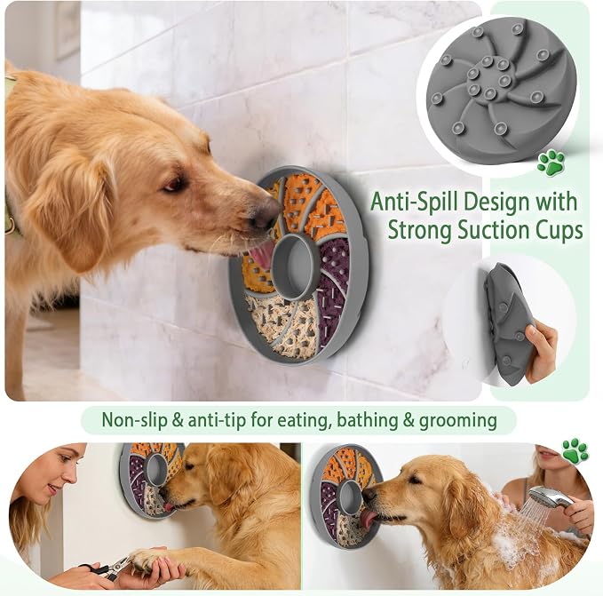 Silicone Dog & Cat Slow Feeder Bowl Lick Mat with Strong Suction Cups, Anti-Spill Design, Multi-Textured, Extend Mealtime, Reduce Anxiety, Dishwasher Safe, All Breeds & Ages (Grey)