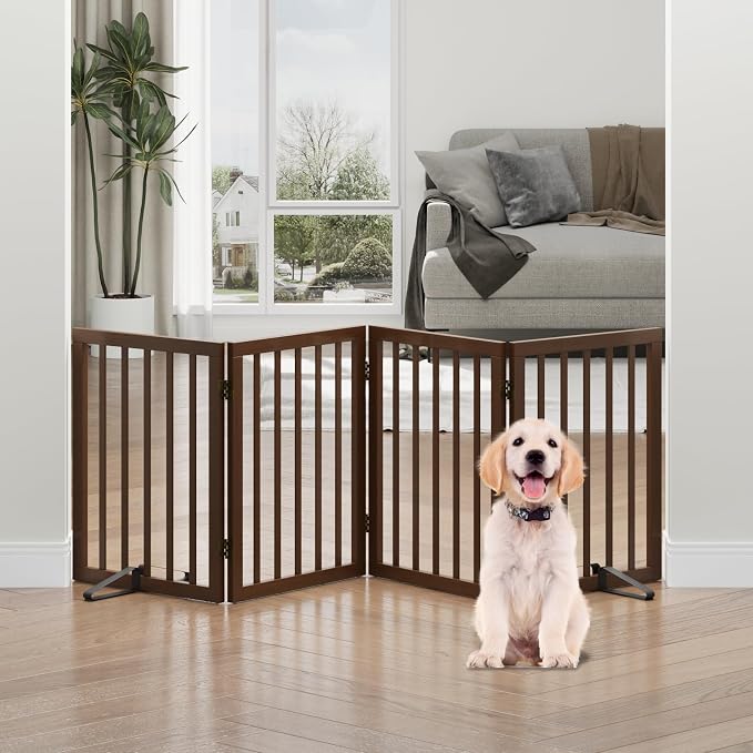 Dog Gates for Doorways, Freestanding Foldable Dog Gate Indoor, Pet Gates for Doorways Bedroom, Puppy Gate with Metal Support Feet, 4 Panels (Rustic tan)