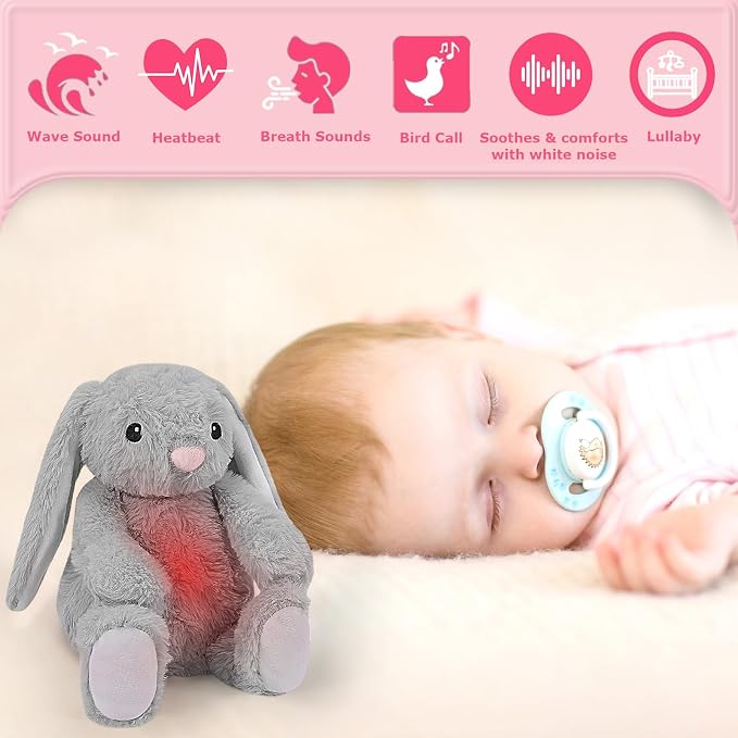Baby Soother Cry Activated Sensor Toys,Heartbeat Bunny for Babies,Plush Stuffed Animal for Newborn Infants,Toy Vibrating with Mom’s Heartbeat,Baby Shower Gifts for Girls and Boys