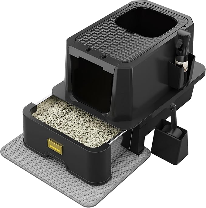 RIZZARI Stainless Steel Cat Litter Box with Lid – Enclosed Metal Litter Box Furniture Style, High Sided Leakproof with Pull-Out Drawer, Odor Control Spray & Top Entry Design for Large Cats