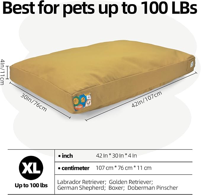 Sytopia 42 Inch Canvas Outdoor Dog Bed for Extra Large Dogs, Durable Dog Bed with Waterproof Machine Washable Removable Cover, Indoor Patio Pet Pad for Crate, Yellow