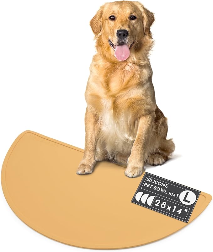 Should We Go? Waterproof Silicone Dog Food Mat – Large Size Non-Slip Pet Bowl Mat, Raised Edge Design, Easy-to-Clean Pet Food Placemat for Dog & Cat Bowls, 28" Across x 14" Deep - Honey