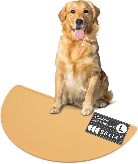 Should We Go? Waterproof Silicone Dog Food Mat – Large Size Non-Slip Pet Bowl Mat, Raised Edge Design, Easy-to-Clean Pet Food Placemat for Dog & Cat Bowls, 28" Across x 14" Deep - Honey