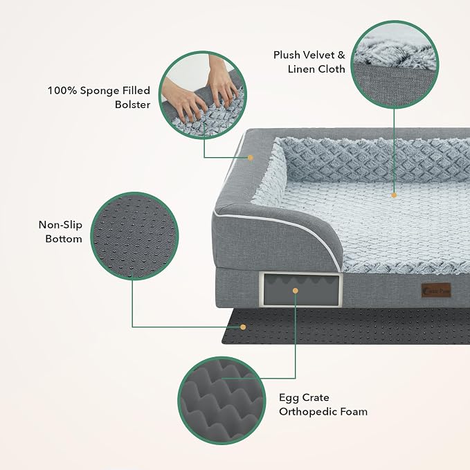 Orthopedic Dog Beds for Medium Sized Dogs 35x22 Inch, Medium Waterproof Memory Foam Dog Sofa Bed with Removable Washable Cover Pet Couch with Bolster, Grey