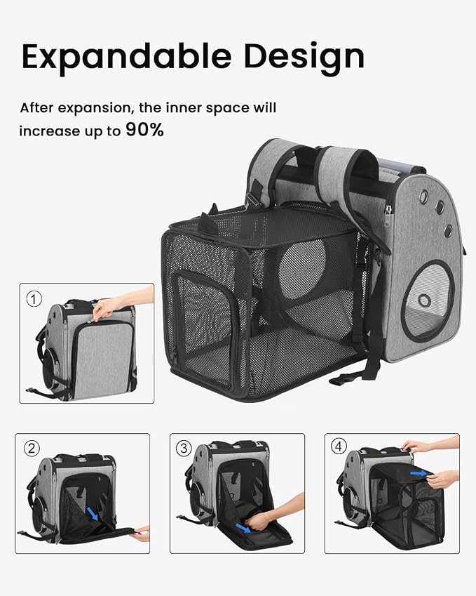 Expandable Cat Backpack Carrier, Airline Approved Pet Carrier for Cats & Small Dogs, Breathable Mesh, Bubble Window, Anti-Collapse, for Travel Hiking Camping, Hold Pets Up to 18 Lbs
