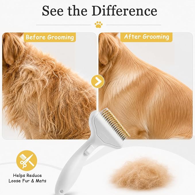 Dog Brush and Cat Deshedding Rake, Pet Grooming Tool for Shedding with Rounded Stainless Steel Teeth, Comfortable Grip for Long or Thick Coats (Style 2 White)